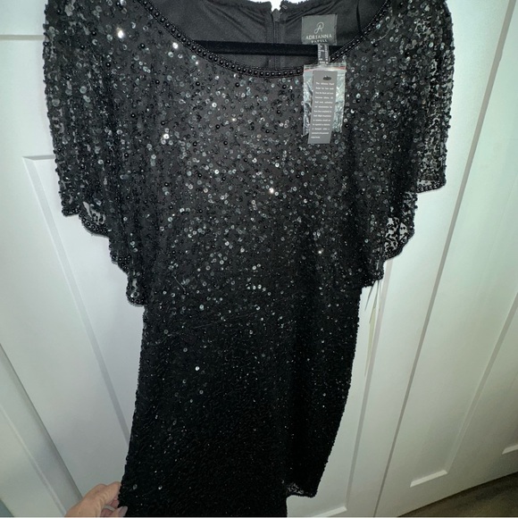 Adrianna Papell Black Flutter Sleeve Beaded Short Sequin Dress - NWT - 14 - Picture 4 of 12